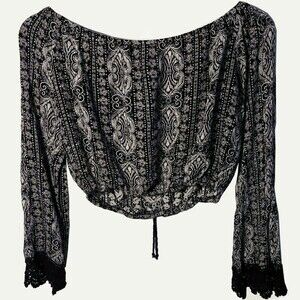 Band Of Gypsies Crop Top Medium Boho Long Sleeve Flare Black